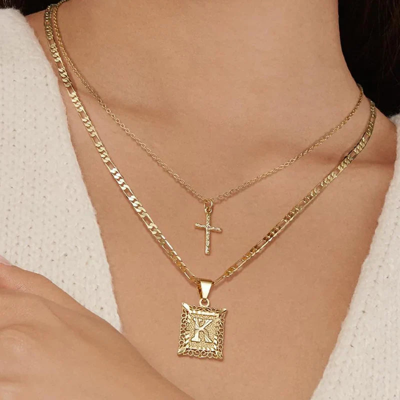 ZEVORA Cross & Initial Necklace Set – Gold