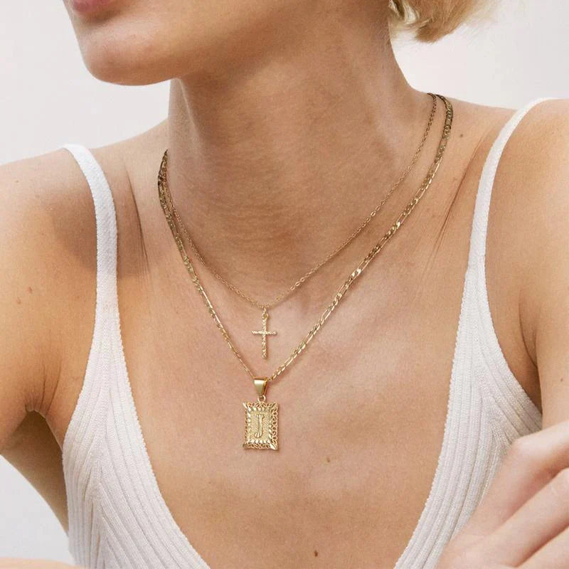 ZEVORA Cross & Initial Necklace Set – Gold