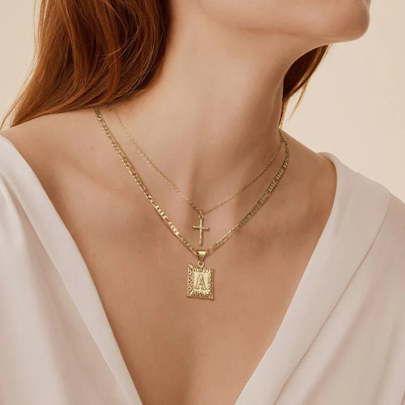 ZEVORA Cross & Initial Necklace Set – Gold