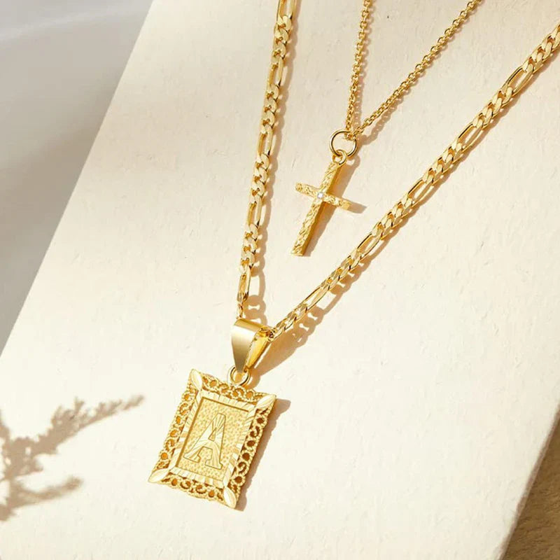 ZEVORA Cross & Initial Necklace Set – Gold