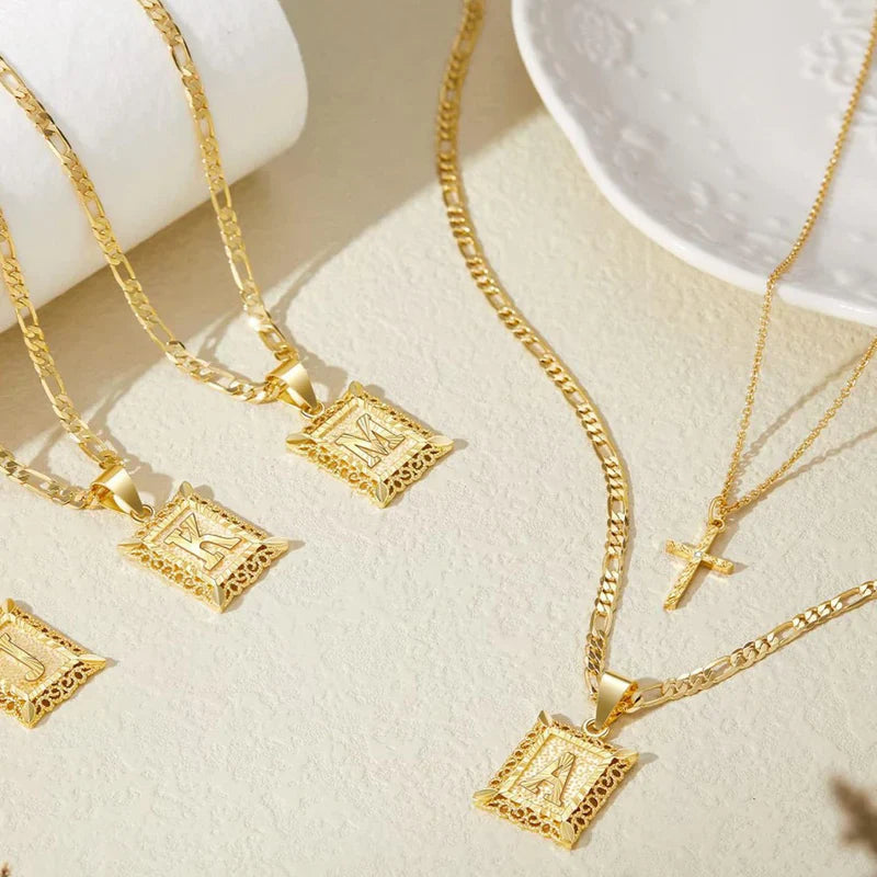 ZEVORA Cross & Initial Necklace Set – Gold
