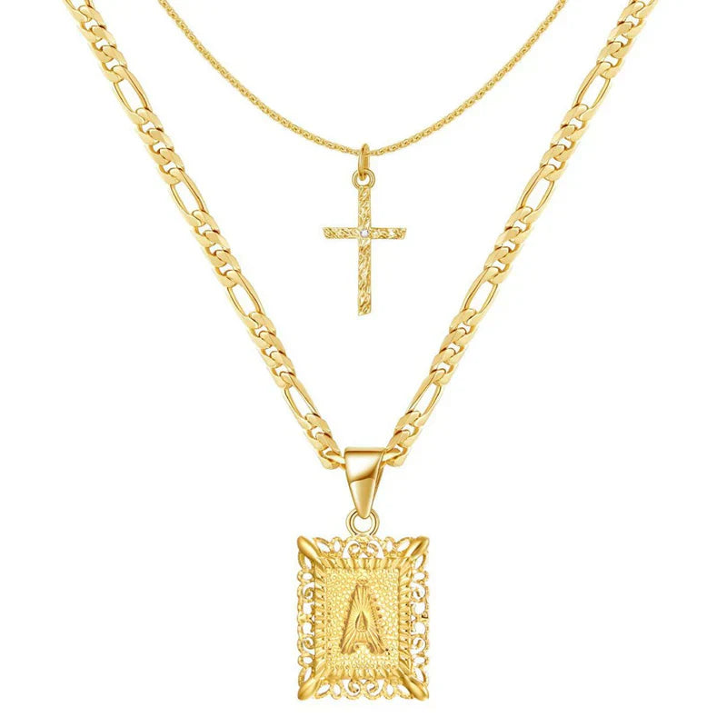 ZEVORA Cross & Initial Necklace Set – Gold