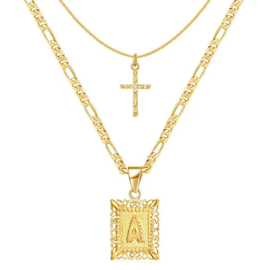 ZEVORA Cross & Initial Necklace Set – Gold