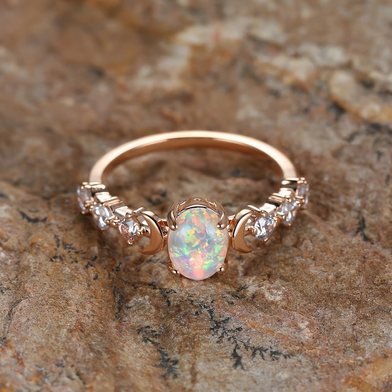 ZEVORA Opal Crescent Moon Ring – Handmade Rose Gold & Opal Jewelry