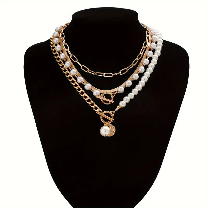 ZEVORA Vintage Pearl & Gold Snake Chain Necklace Set – Gold