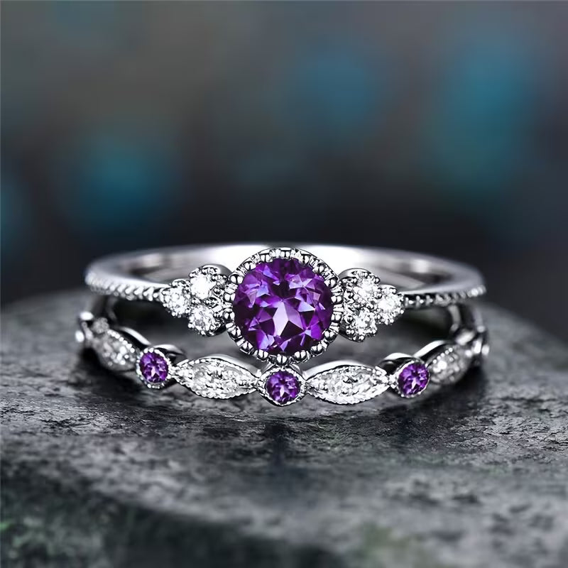ZEVORA Violetis Crown Ring Set – Handmade White Gold & Amethyst Jewelry Set