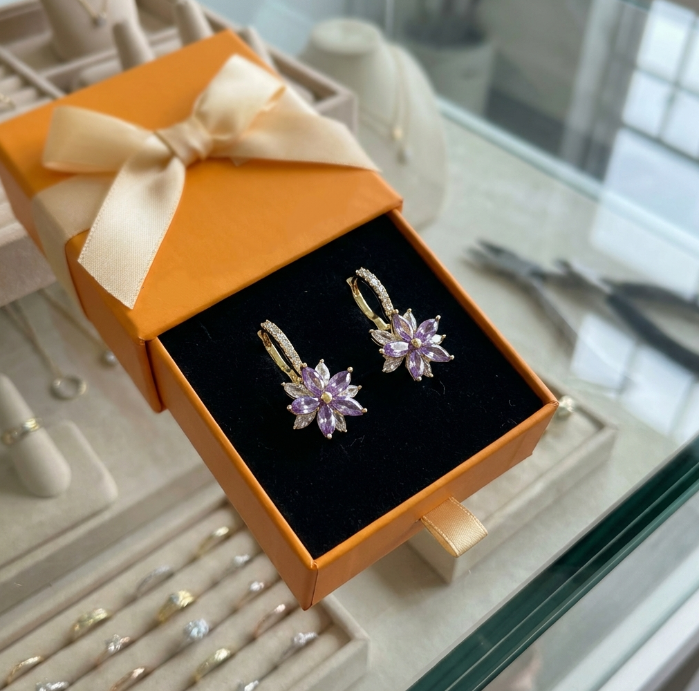 ZEVORA Amethelis Flora Earrings – Gold Amethyst Floral Drop Earrings