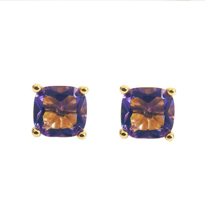 ZEVORA Amethyst Square Stud Earrings – Gold Purple Amethyst Geometric Square Studs