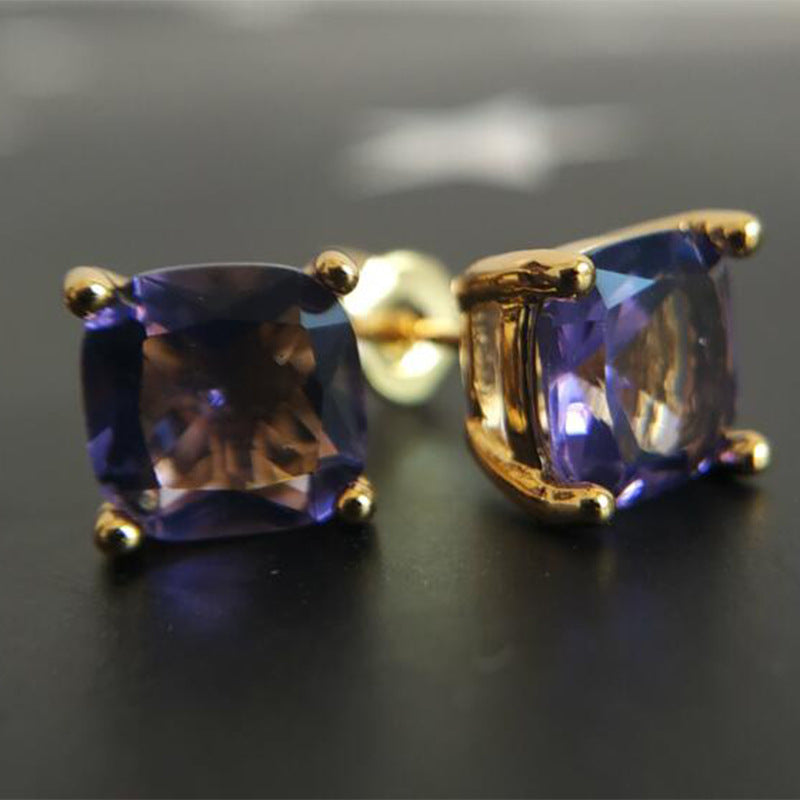 ZEVORA Amethyst Square Stud Earrings – Gold Purple Amethyst Geometric Square Studs
