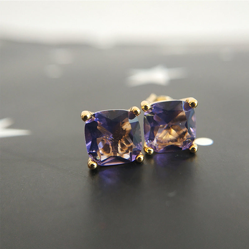ZEVORA Amethyst Square Stud Earrings – Gold Purple Amethyst Geometric Square Studs