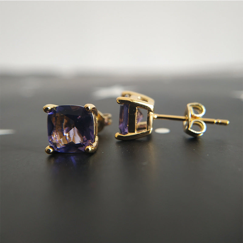 ZEVORA Amethyst Square Stud Earrings – Gold Purple Amethyst Geometric Square Studs