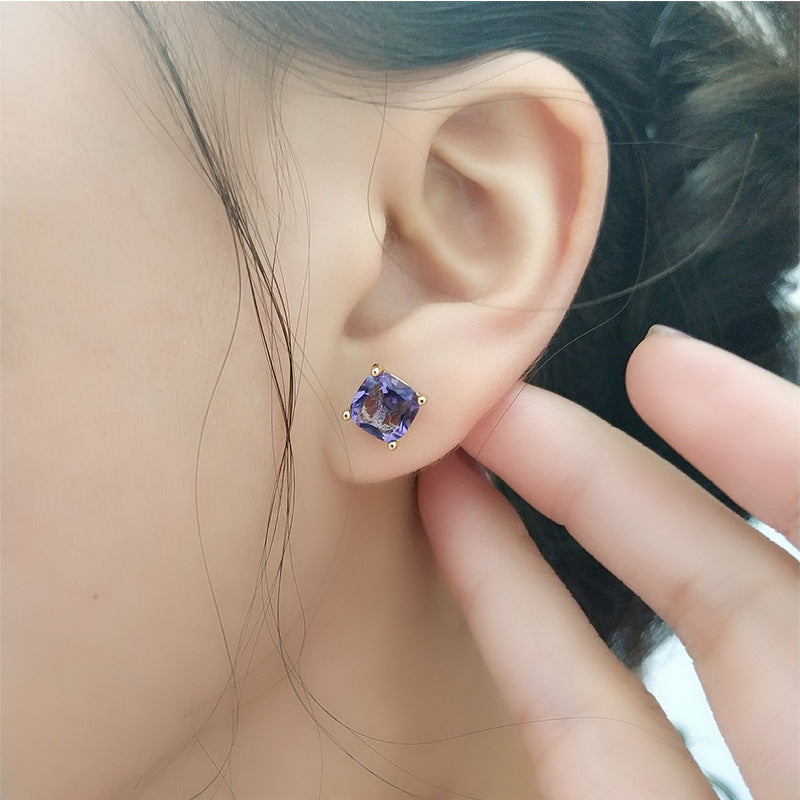 ZEVORA Amethyst Square Stud Earrings – Gold Purple Amethyst Geometric Square Studs