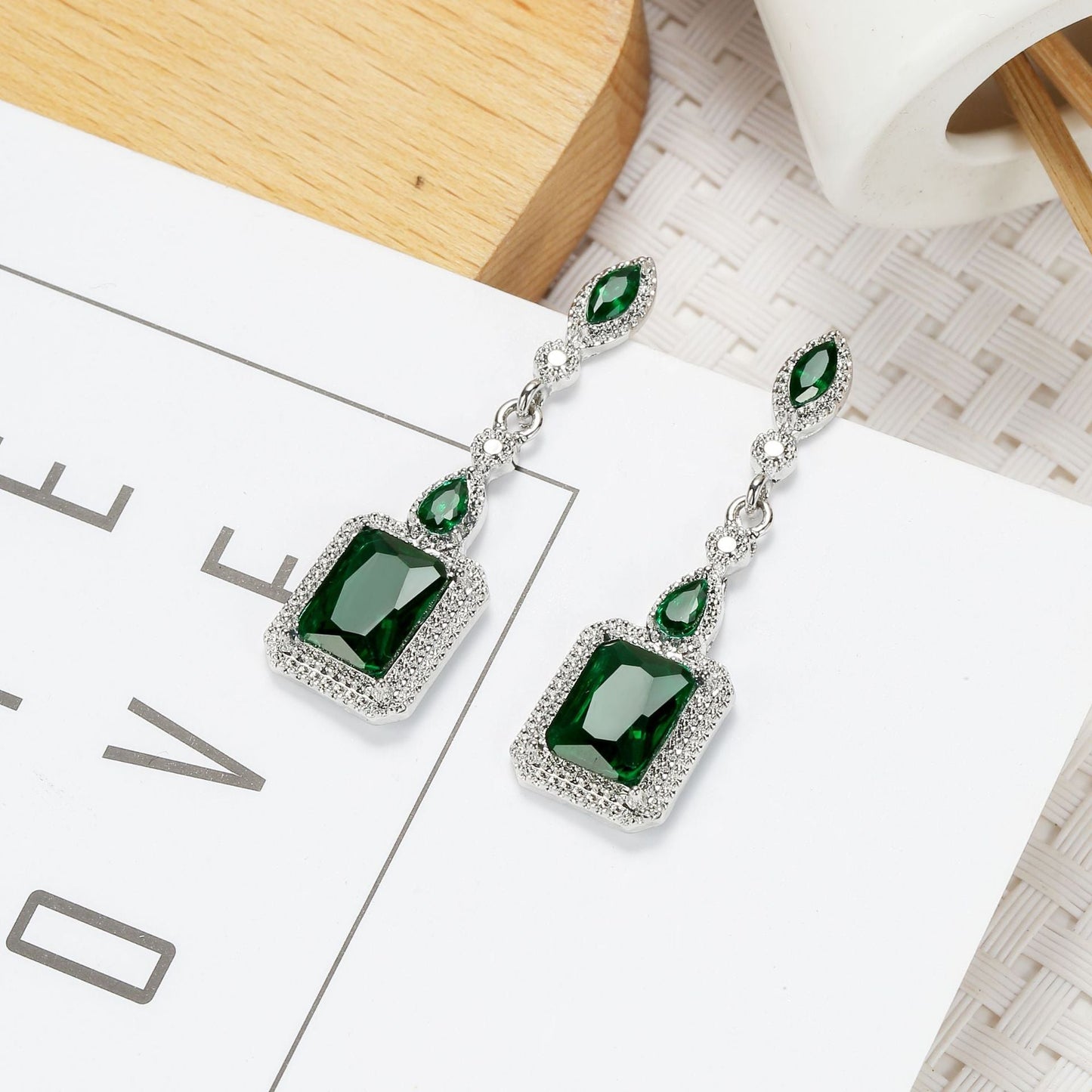 ZEVORA Clarion Verdancia Earrings – White Gold Emerald Green Drop Earrings