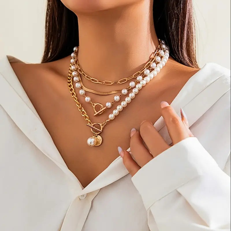 ZEVORA Vintage Pearl & Gold Snake Chain Necklace Set – Gold