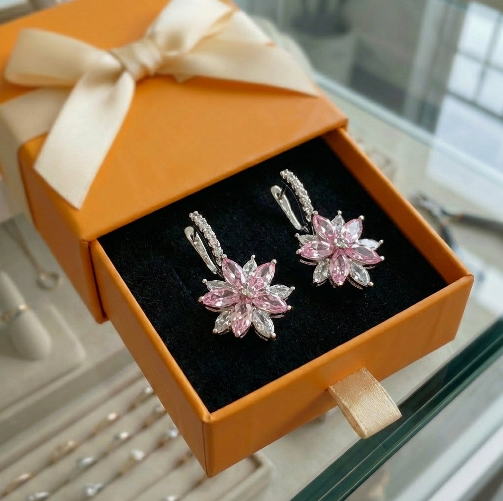 ZEVORA Thalia Pink Petalburst Earrings – White Gold Pink Sapphire Petal Burst Stud Earrings
