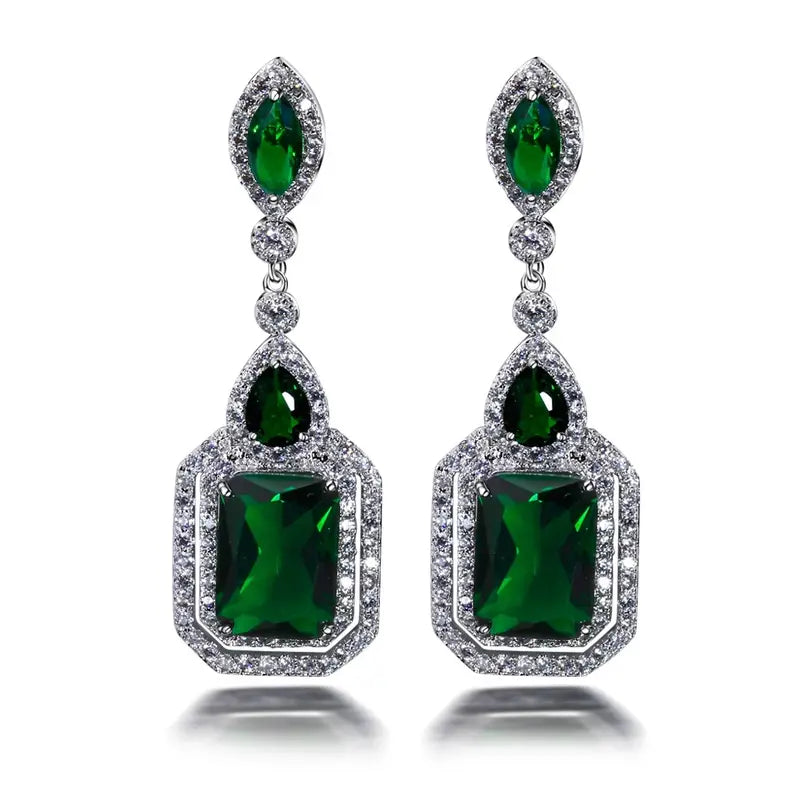 ZEVORA Clarion Verdancia Earrings – White Gold Emerald Green Drop Earrings