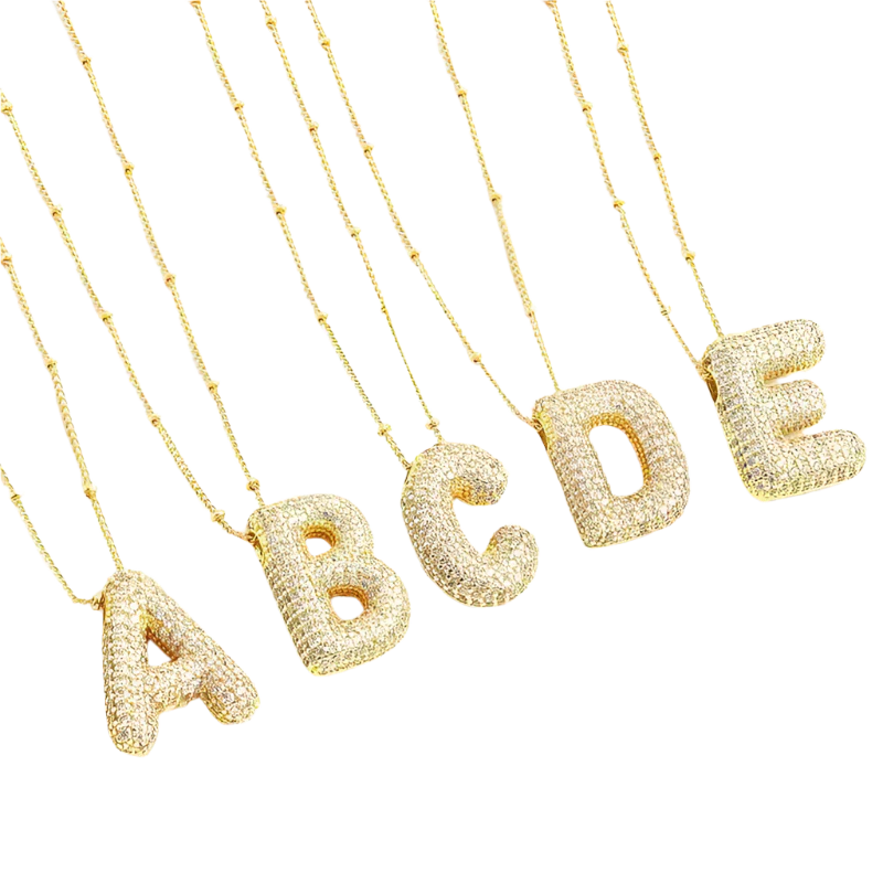 ZEVORA Bubble Letter Initial Necklace Set – Gold
