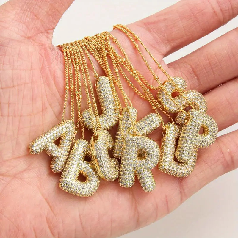ZEVORA Bubble Letter Initial Necklace Set – Gold