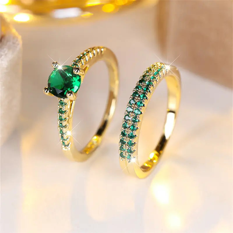 ZEVORA Serena Emerald Duo Ring Set – 18K Gold Stackable Emerald Ring Set