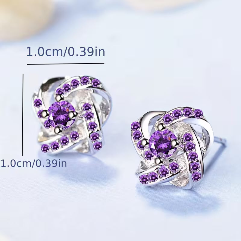 ZEVORA Purple Crystal Knot Earrings – White Gold Amethyst Knot Stud Earrings