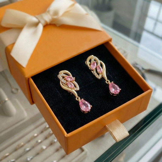 ZEVORA Pink Sapphire Glimmer Drop Earrings – Gold Pink Sapphire Sparkling Drop Earrings