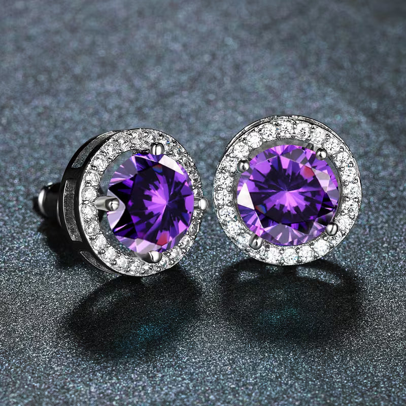 ZEVORA Amethyst Round Pavé Stud Earrings – White Gold Purple Amethyst Pavé Studs