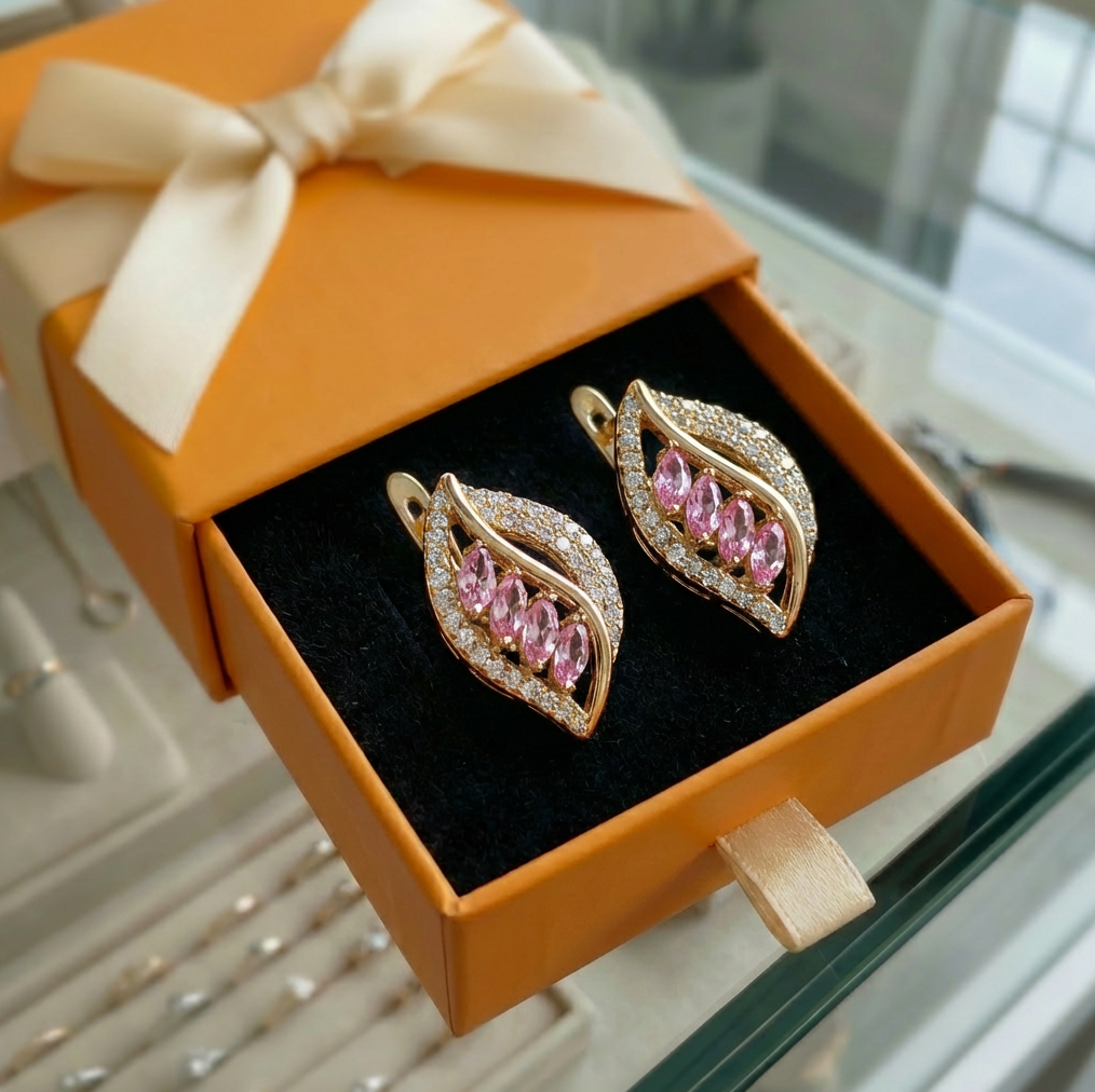 ZEVORA Isola Blushlune Earrings – Gold Pink Sapphire Crescent Moon Drop Earrings