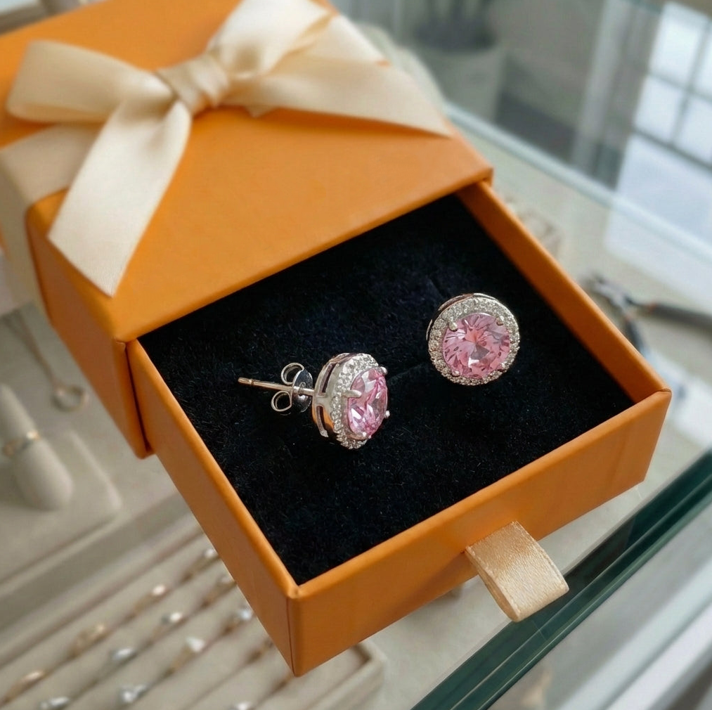 ZEVORA Pink Round Pavé Stud Earrings – White Gold Pink Sapphire Pavé Studs