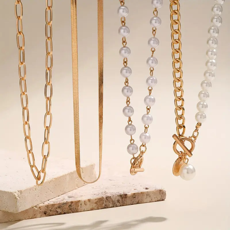ZEVORA Vintage Pearl & Gold Snake Chain Necklace Set – Gold