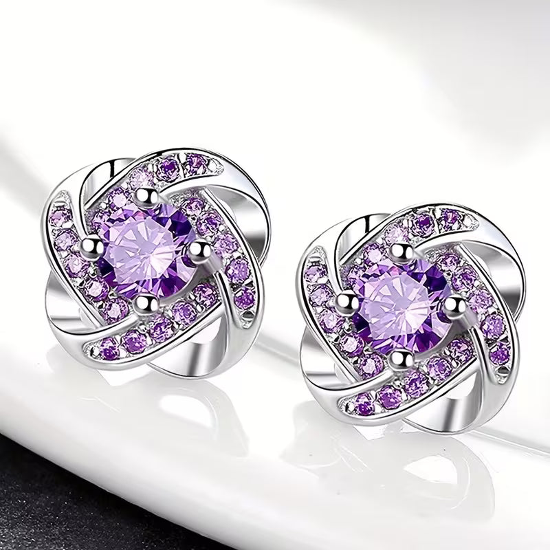 ZEVORA Purple Crystal Knot Earrings – White Gold Amethyst Knot Stud Earrings