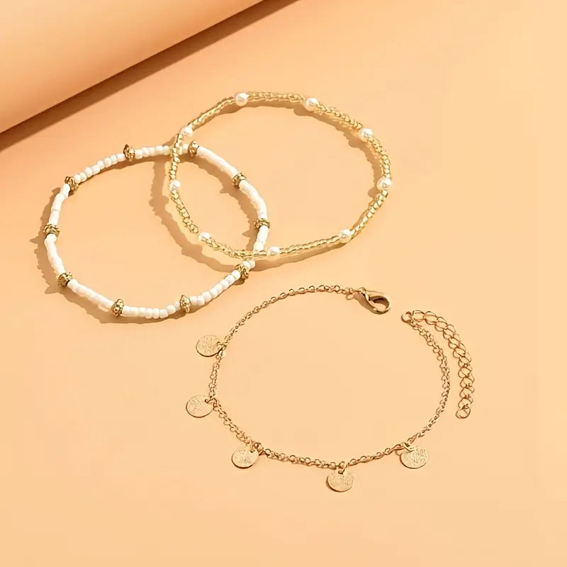 ZEVORA Coastal Charm 3-Piece Layered Anklet Set – Gold