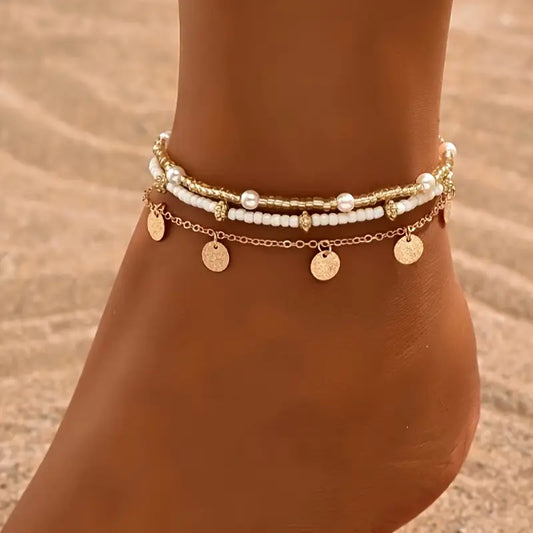 ZEVORA Coastal Charm 3-Piece Layered Anklet Set – Gold