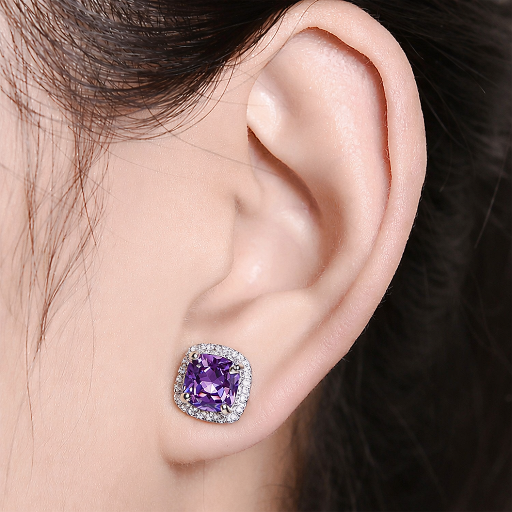 ZEVORA Amethyst Square Pavé Stud Earrings – White Gold Purple Amethyst Pavé Square Studs