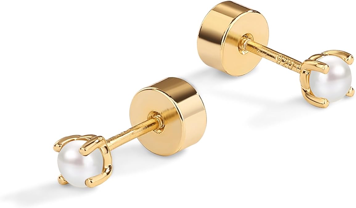 ZEVORA Dainty Pearl Stud Earrings – Gold Freshwater Pearl Classic Stud Earrings