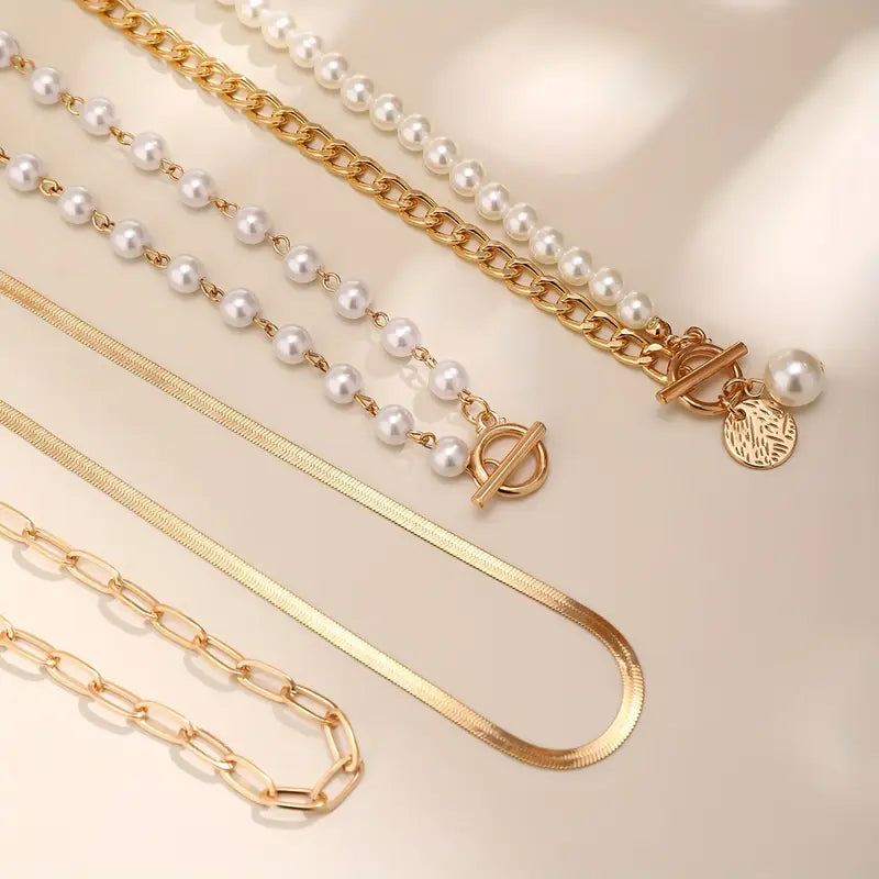 ZEVORA Vintage Pearl & Gold Snake Chain Necklace Set – Gold