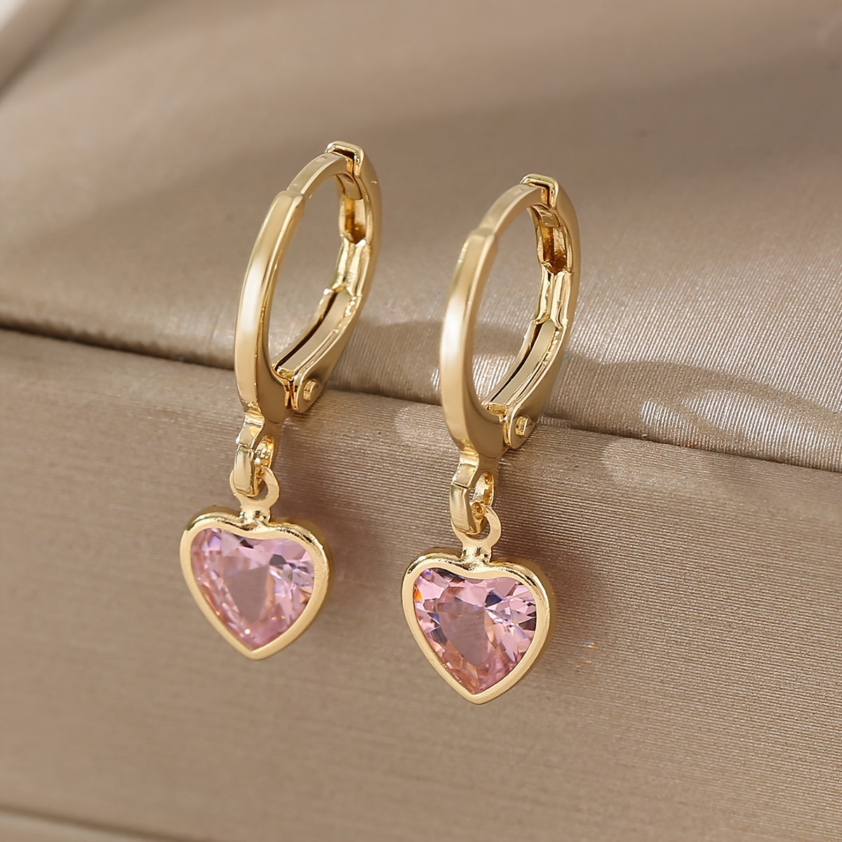 ZEVORA Cupid Charm Drop Earrings – Gold Pink Sapphire Heart Drop Earrings