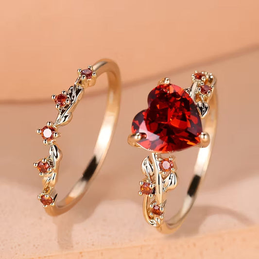 ZEVORA Redvine Heart Accent Ring Set – Handmade Gold & Ruby Heart Ring Set