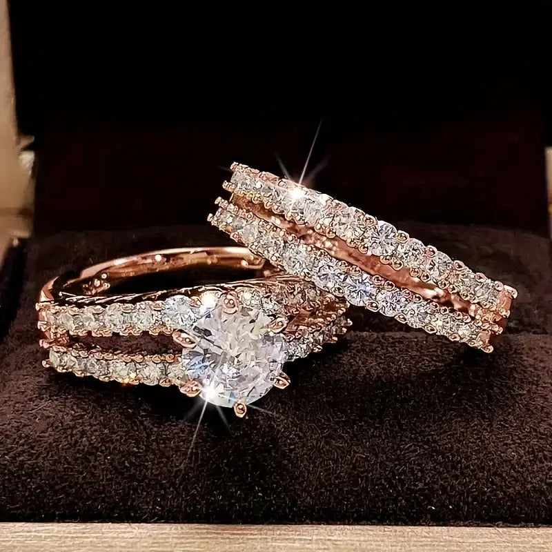 ZEVORA Eternal Radiance Ring Set – 18K Gold, White Gold & Rose Gold Stackable Set