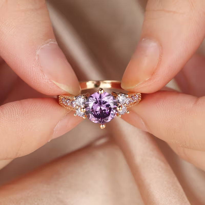 ZEVORA Celia Virelyn Ring – Handmade Rose Gold & Amethyst Jewelry