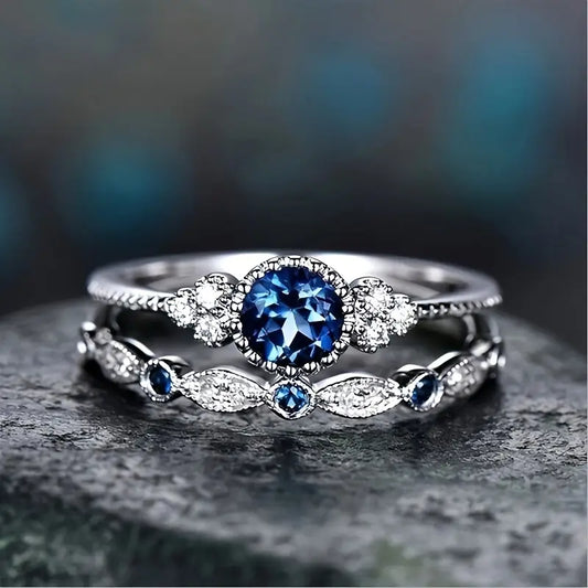 ZEVORA Sapphriel Crown Ring Set – White Gold