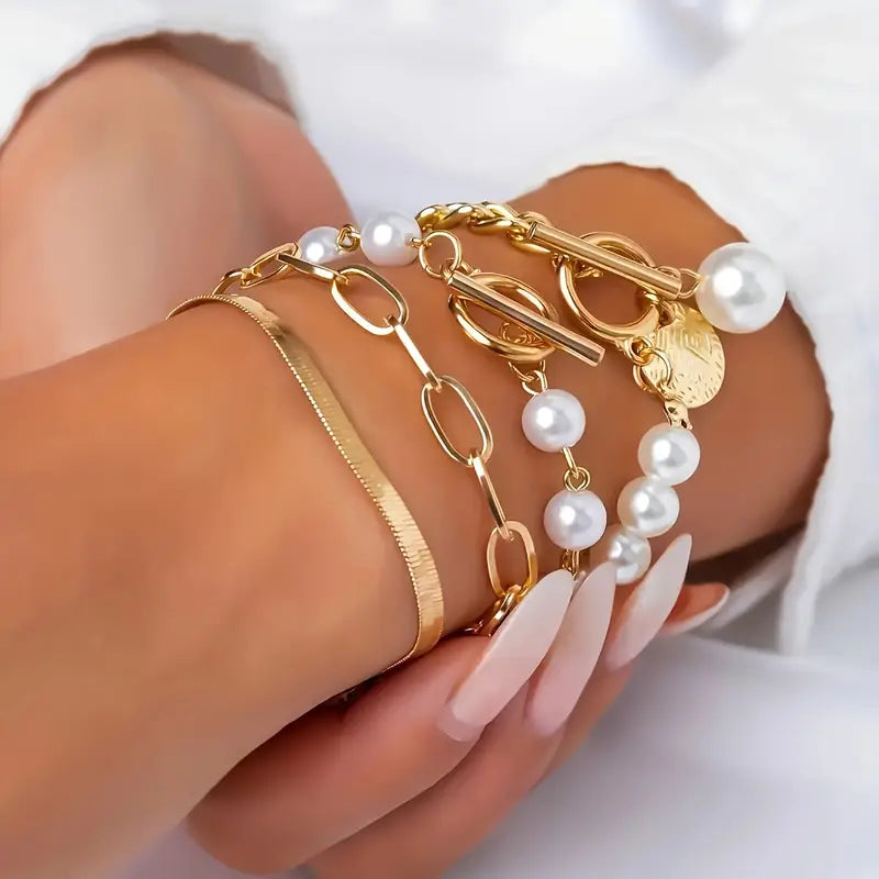 ZEVORA Chic Gold 4-Piece Bracelet Set – Snake, Pearls & Links | Handmade Gold Jewelry