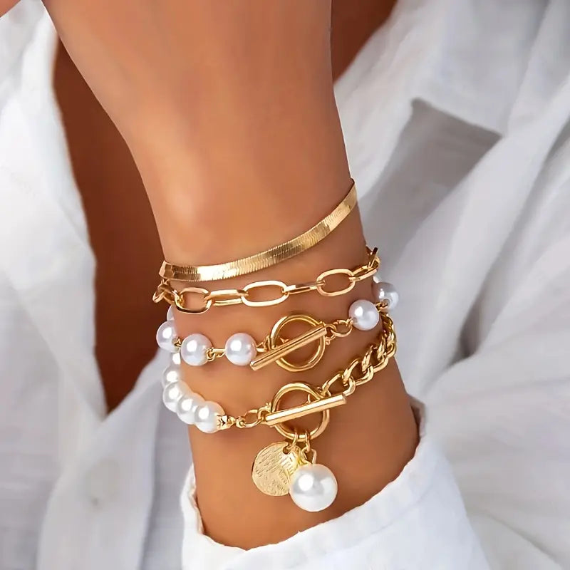 ZEVORA Chic Gold 4-Piece Bracelet Set – Snake, Pearls & Links | Handmade Gold Jewelry