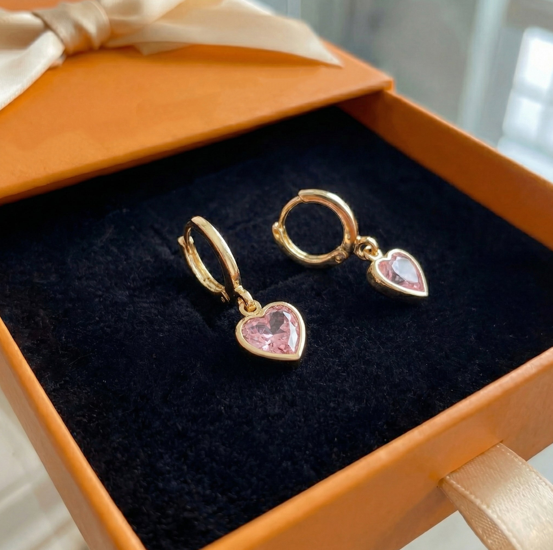 ZEVORA Cupid Charm Drop Earrings – Gold Pink Sapphire Heart Drop Earrings