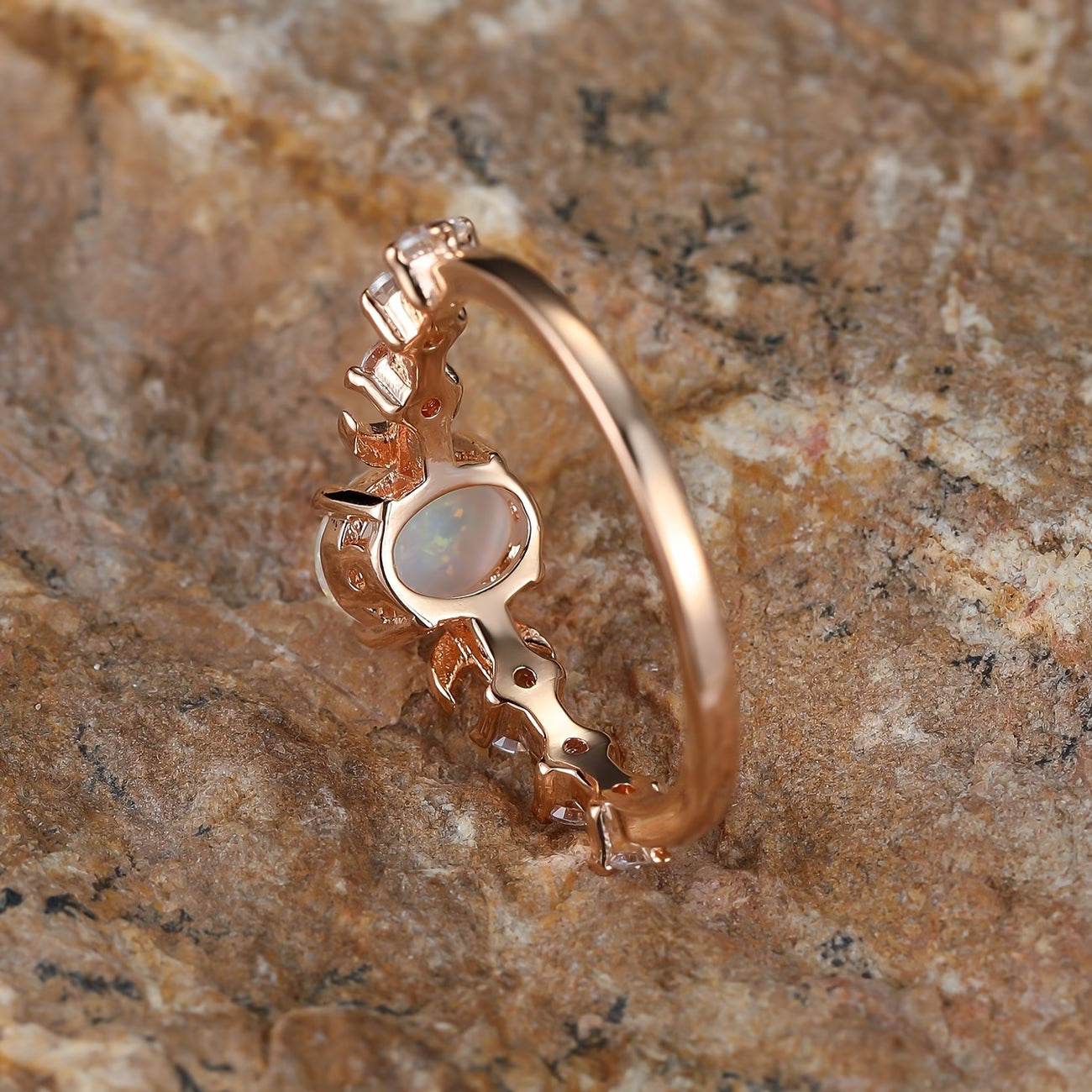 ZEVORA Opal Crescent Moon Ring – Handmade Rose Gold & Opal Jewelry