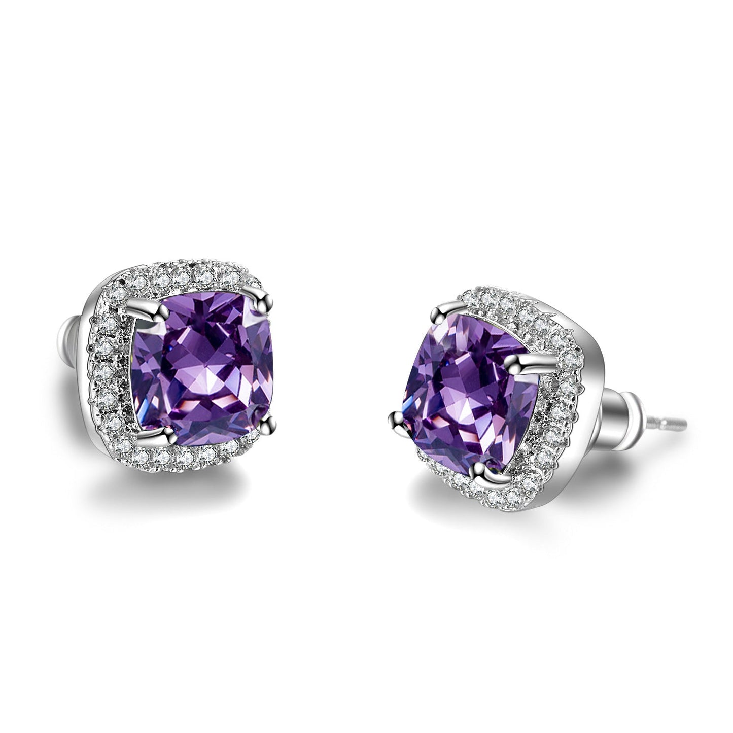 ZEVORA Amethyst Square Pavé Stud Earrings – White Gold Purple Amethyst Pavé Square Studs