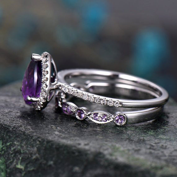 ZEVORA Teardrop Amethyst Ring Set – Handmade White Gold & Amethyst Jewelry Set