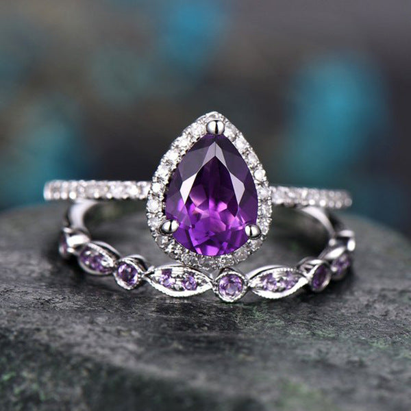 ZEVORA Teardrop Amethyst Ring Set – Handmade White Gold & Amethyst Jewelry Set