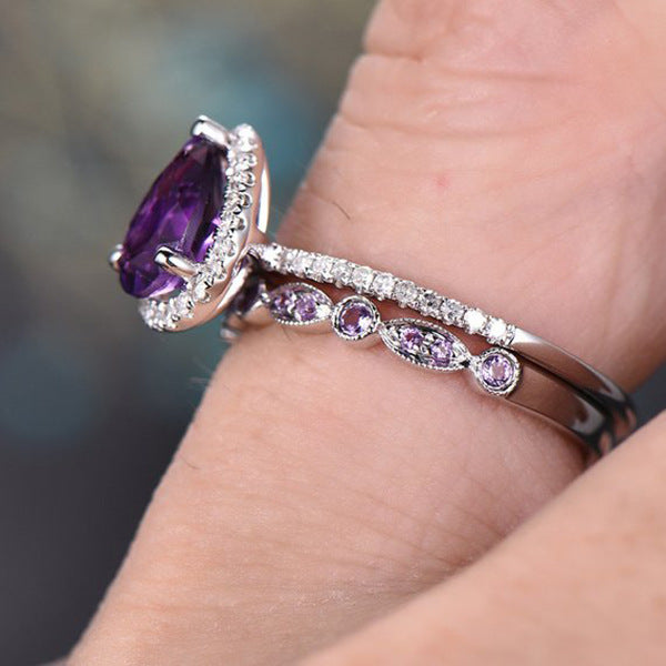 ZEVORA Teardrop Amethyst Ring Set – Handmade White Gold & Amethyst Jewelry Set