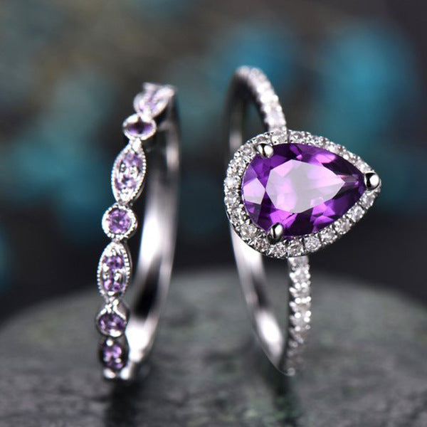 ZEVORA Teardrop Amethyst Ring Set – Handmade White Gold & Amethyst Jewelry Set