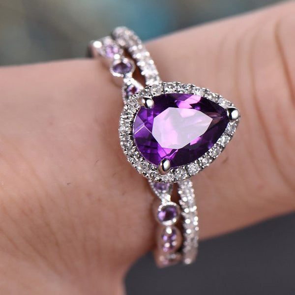ZEVORA Teardrop Amethyst Ring Set – Handmade White Gold & Amethyst Jewelry Set
